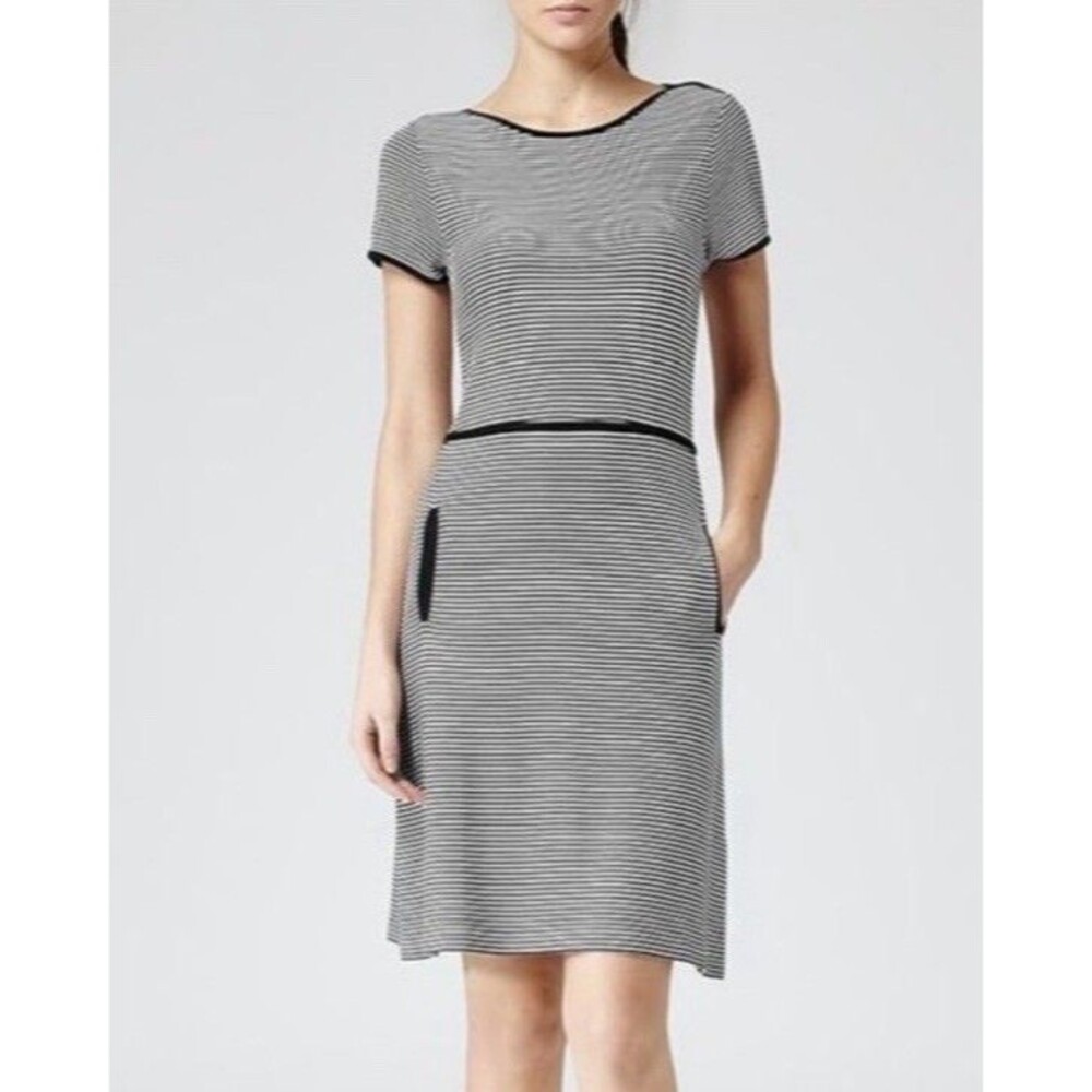 Reiss Benton Striped Midi Dress Size Small Black Striped Short Sleeve Work